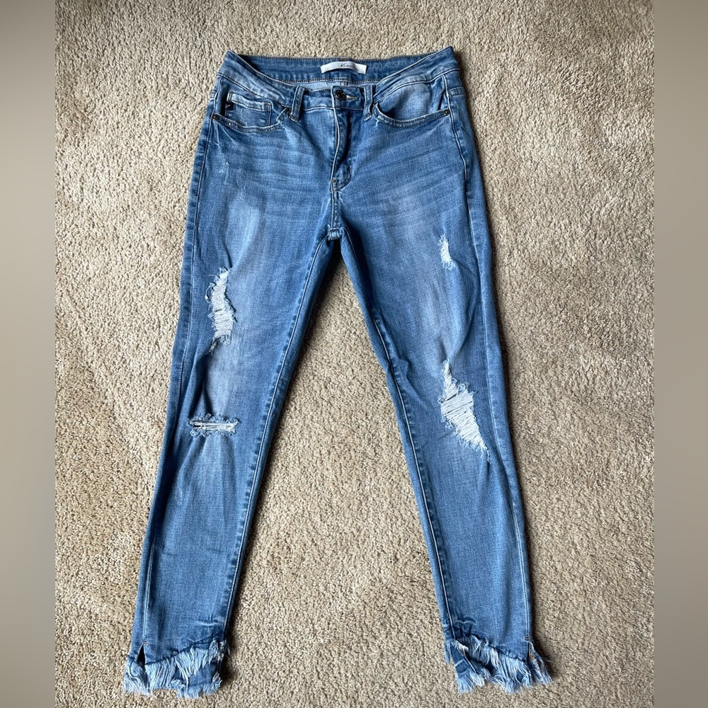 KanCan Mid-Rise Double Fringe Hem Ripped Skinny Jeans